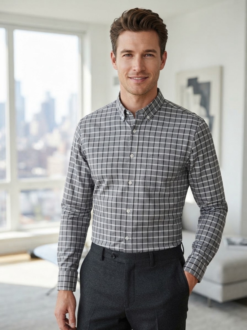 Denver Hayes Gray Plaid Button-Down Shirt